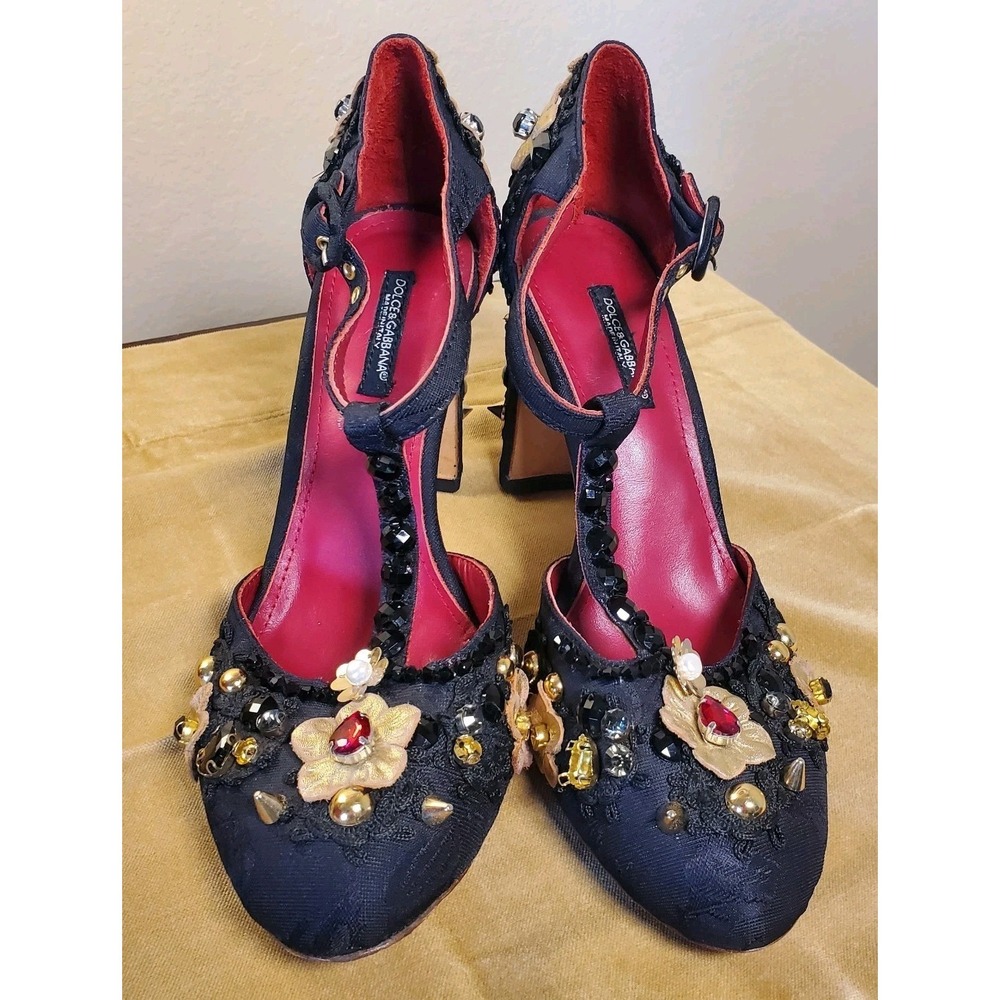 Dolce Gabbana Mary Jane Cloth Embellished Heel Shoes Sz 41 -Resoled Heel Caps - Picture 3 of 16